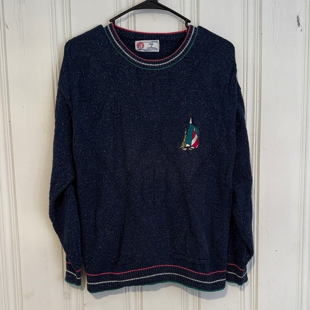 Isle of Cotton women’s medium blue sparkle vintage sailboat nautical crewneck